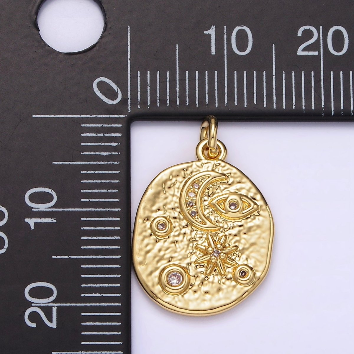 14K Gold plated 20mm Evil Eye Celestial Crescent Moon Star Textured Oval Charm | AG285 - DLUXCA