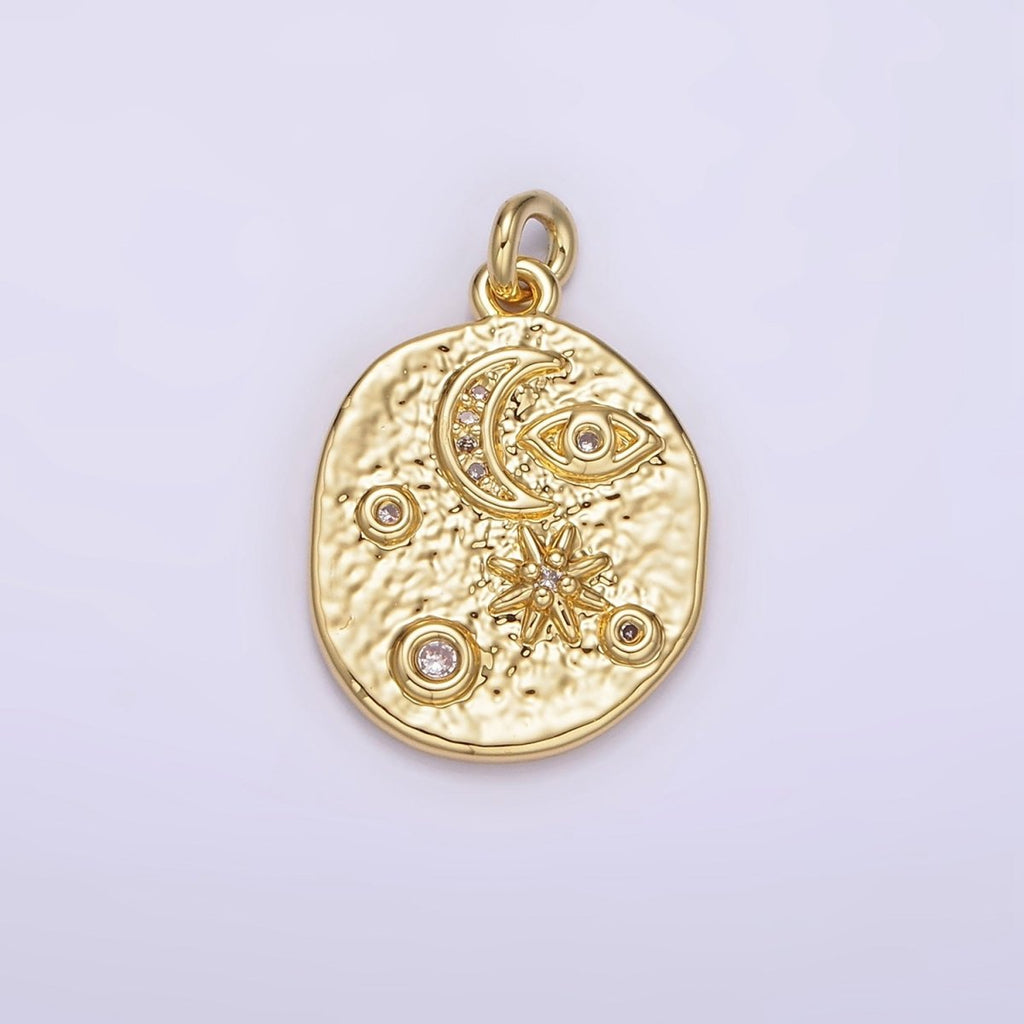 14K Gold plated 20mm Evil Eye Celestial Crescent Moon Star Textured Oval Charm | AG285 - DLUXCA