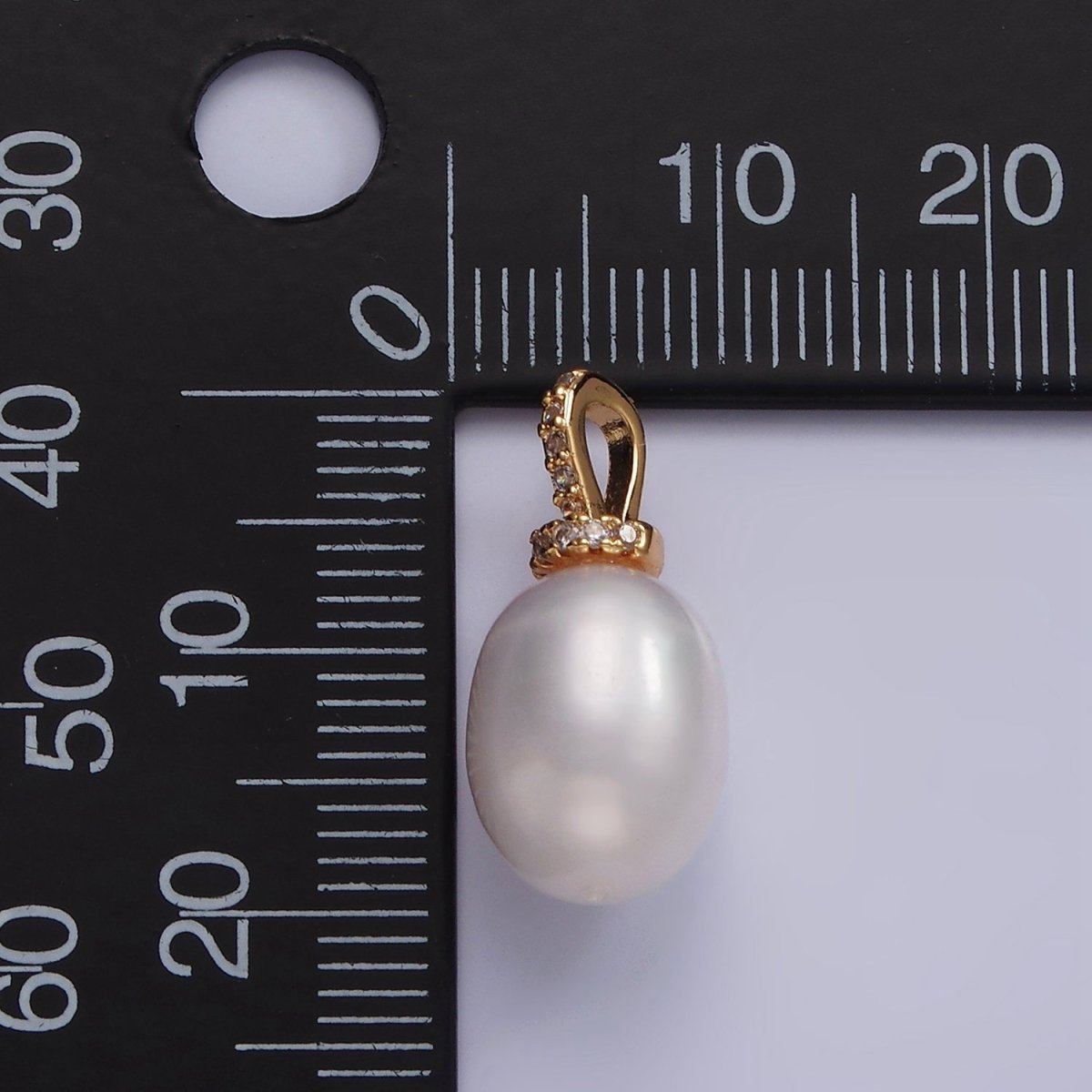 14K Gold plated 20mm Freshwater Pearl Button Drop Micro Paved CZ Bail Pendant | P1628 - DLUXCA