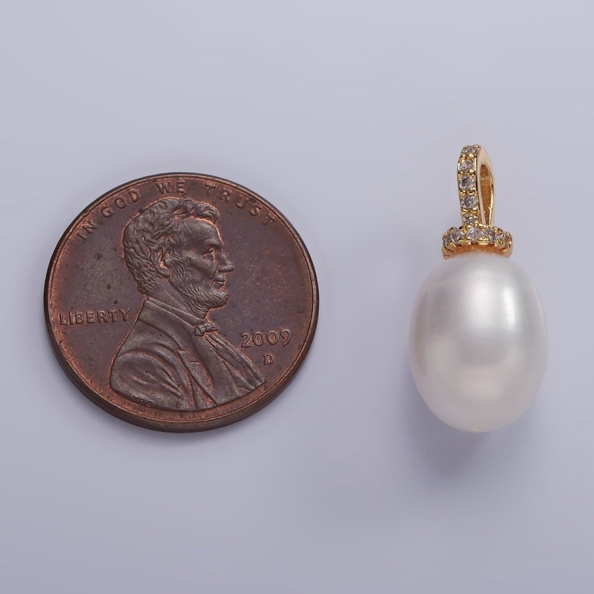14K Gold plated 20mm Freshwater Pearl Button Drop Micro Paved CZ Bail Pendant | P1628 - DLUXCA