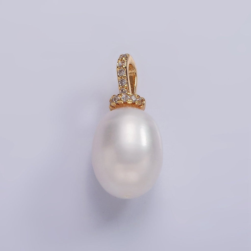 14K Gold plated 20mm Freshwater Pearl Button Drop Micro Paved CZ Bail Pendant | P1628 - DLUXCA