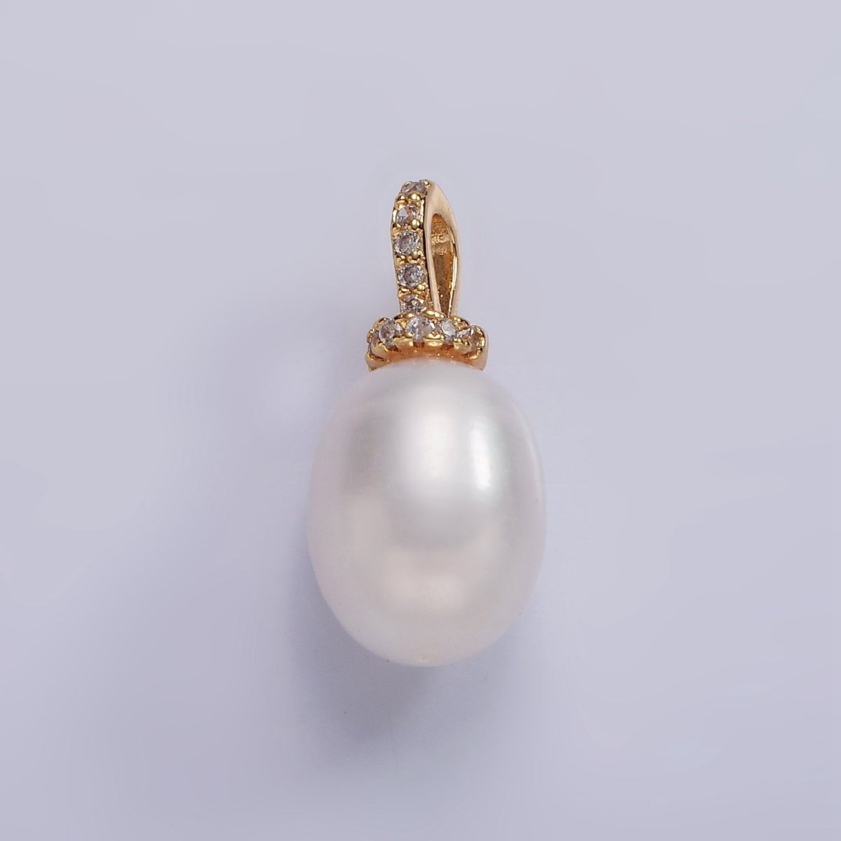 14K Gold plated 20mm Freshwater Pearl Button Drop Micro Paved CZ Bail Pendant | P1628 - DLUXCA