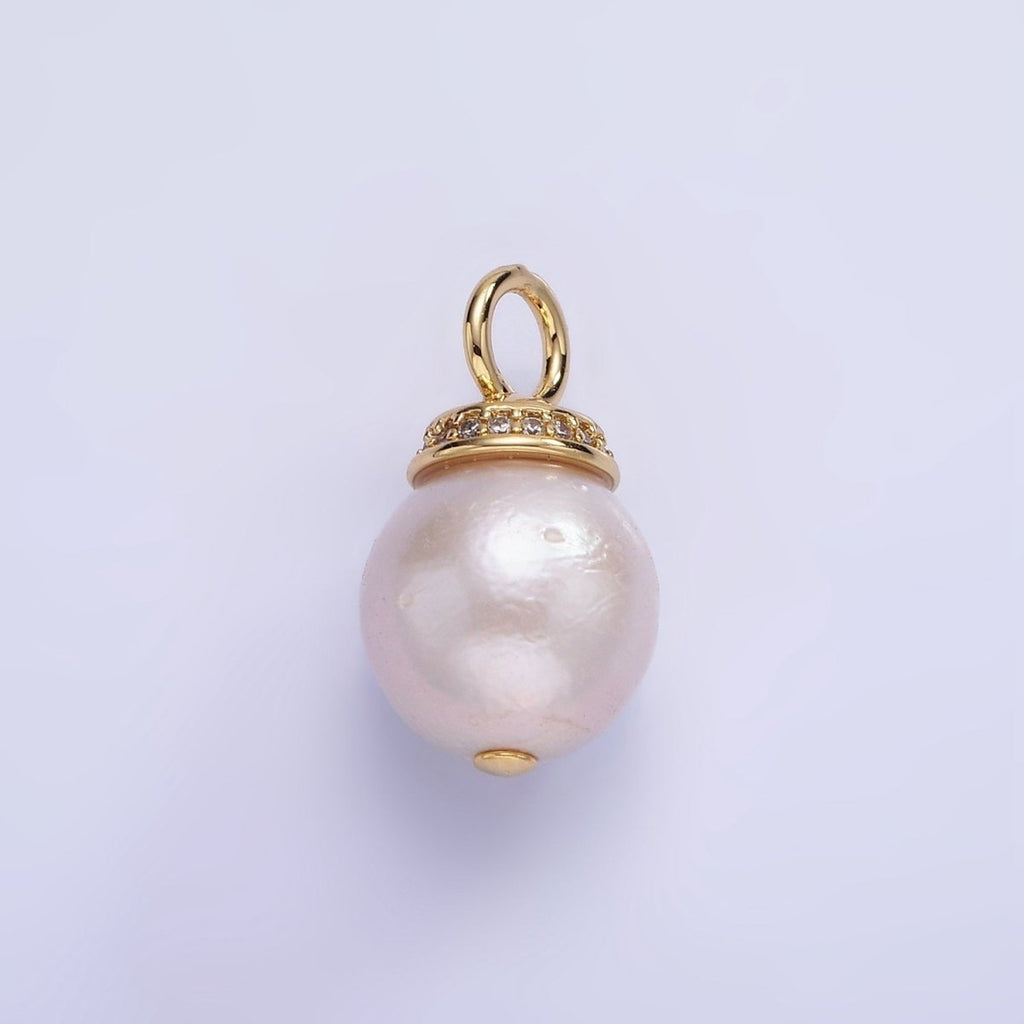 14K Gold plated 20mm Freshwater Pearl Micro Paved CZ Bail Pendant in Gold & Silver | P1685 - DLUXCA