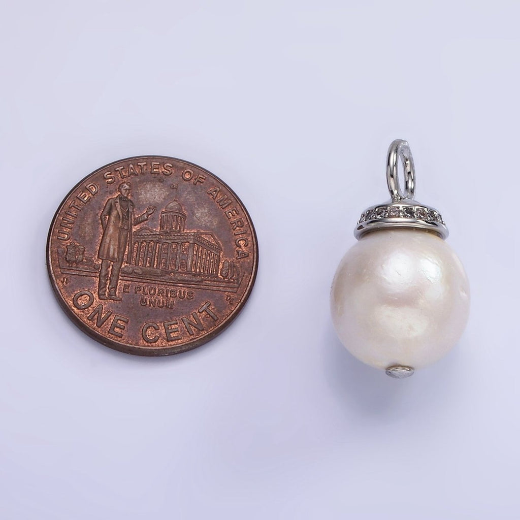 14K Gold plated 20mm Freshwater Pearl Micro Paved CZ Bail Pendant in Gold & Silver | P1685 - DLUXCA