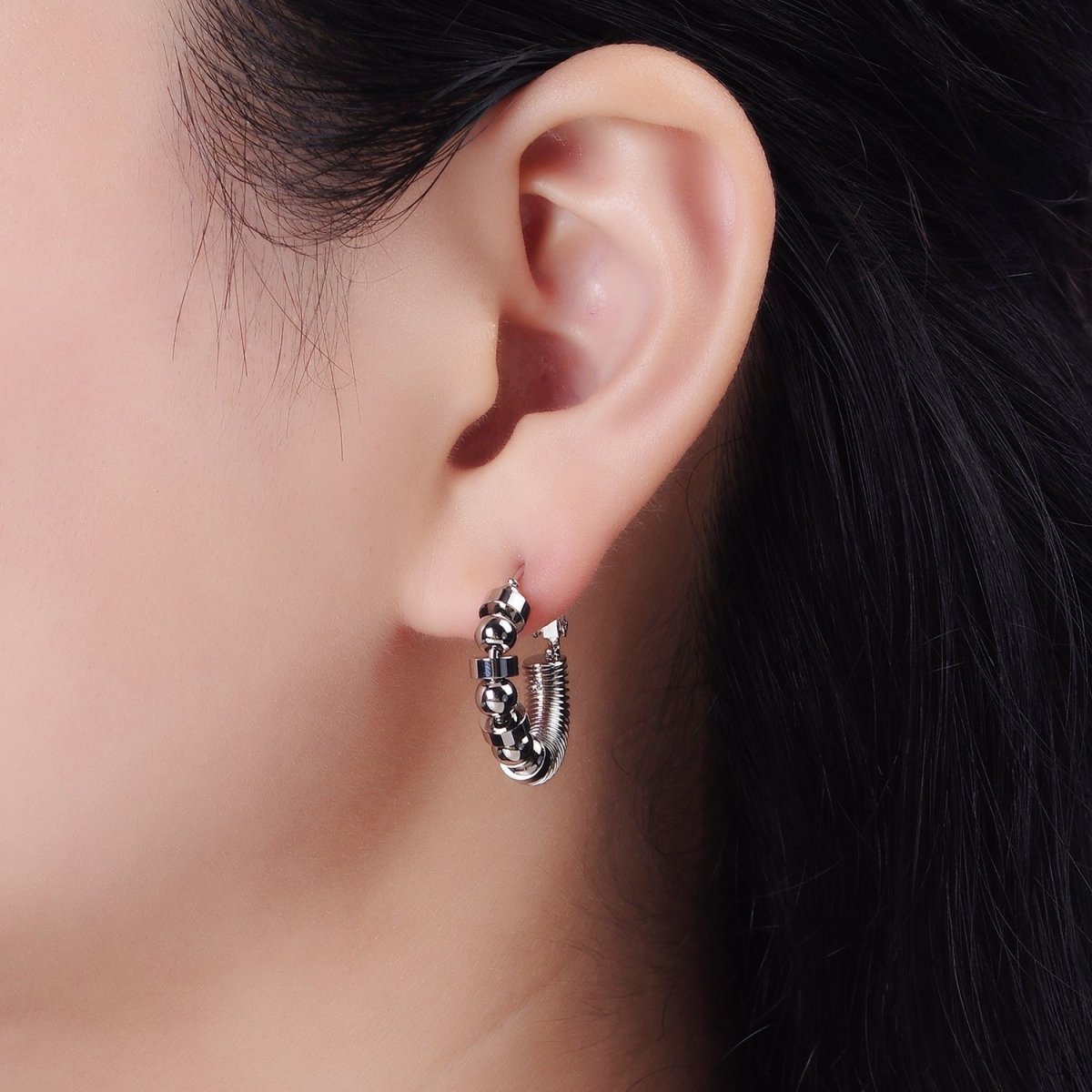 14K Gold plated 20mm Geometric Croissant Rhondelle Bead Hinge Hoop Earrings in Gold & Silver | AE311 AE312