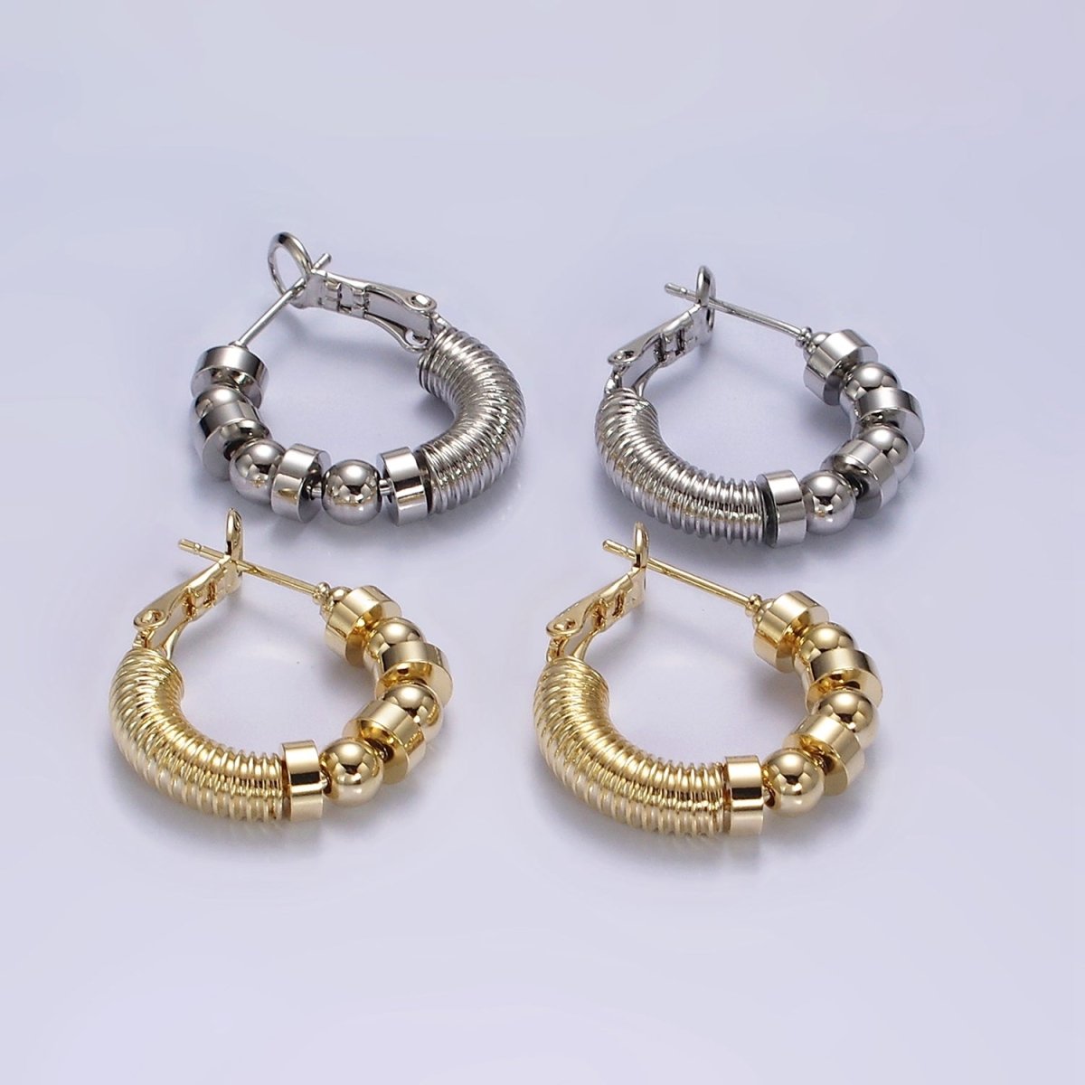 14K Gold plated 20mm Geometric Croissant Rhondelle Bead Hinge Hoop Earrings in Gold & Silver | AE311 AE312