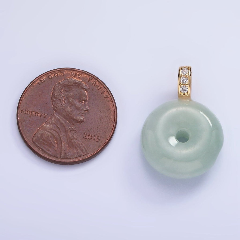 14K Gold plated 20mm Green Jade Donut Micro Paved CZ Bail Pendant | AH139 - DLUXCA
