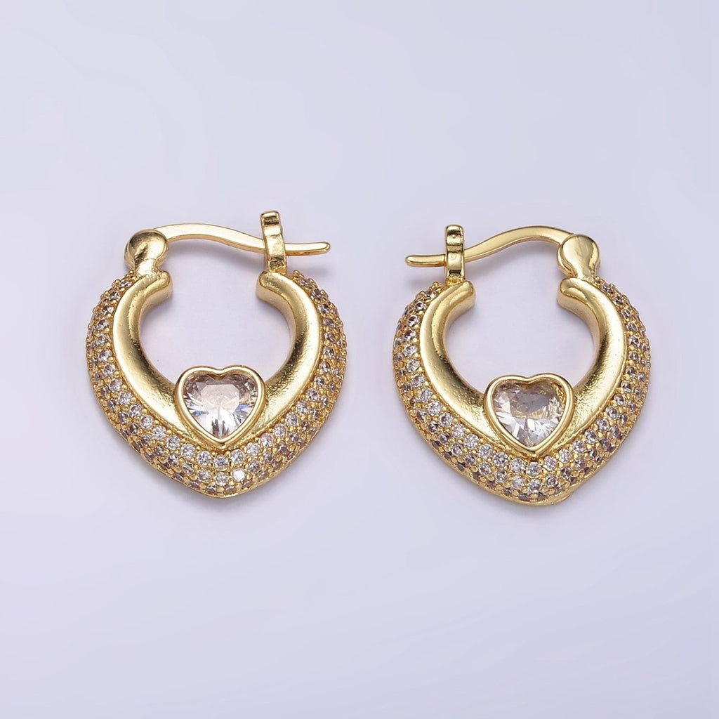 14K Gold plated 20mm Heart CZ Micro Paved Latch Hoop Earrings Set | AB1173 - DLUXCA