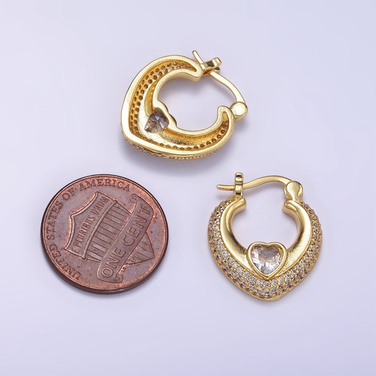 14K Gold plated 20mm Heart CZ Micro Paved Latch Hoop Earrings Set | AB1173 - DLUXCA