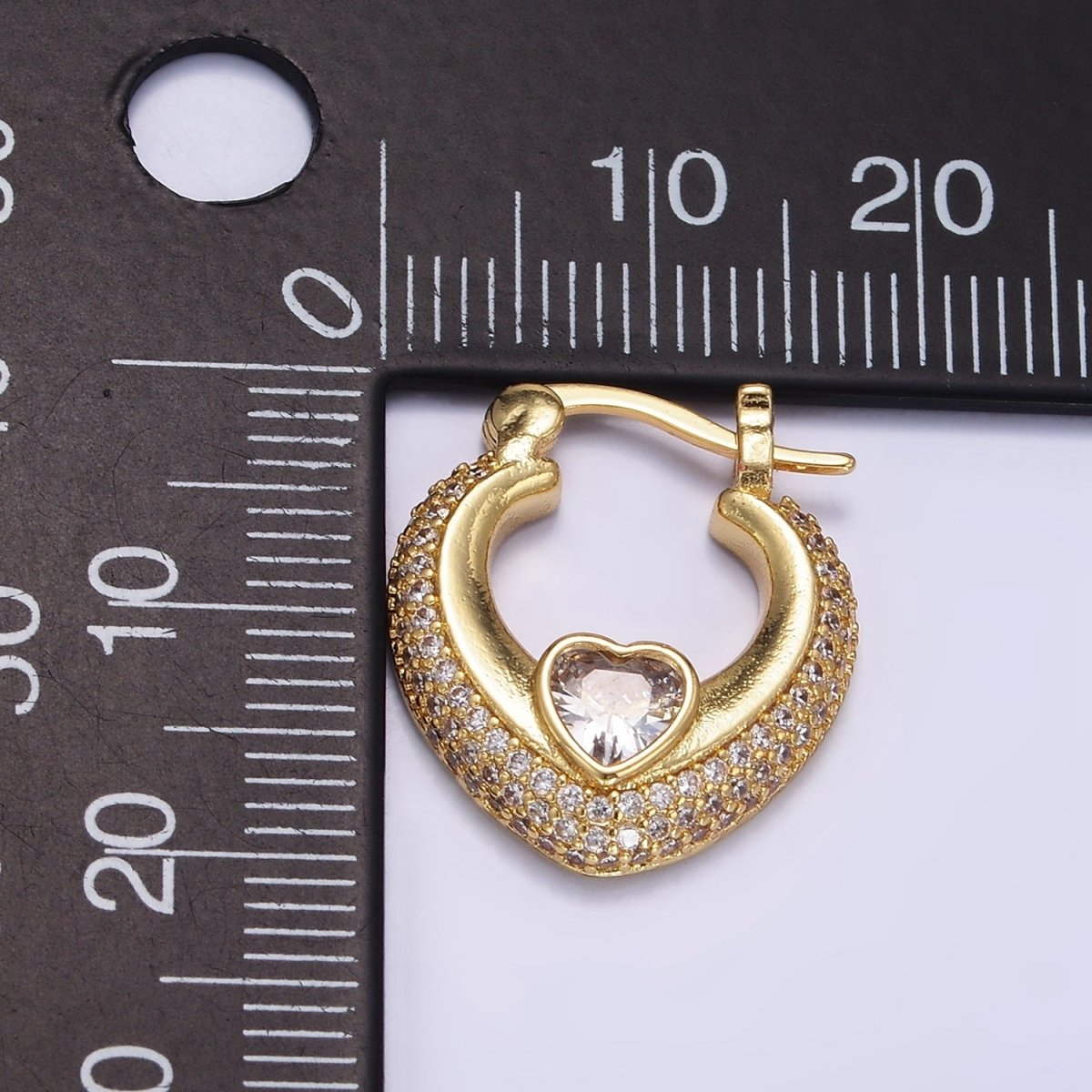 14K Gold plated 20mm Heart CZ Micro Paved Latch Hoop Earrings Set | AB1173 - DLUXCA