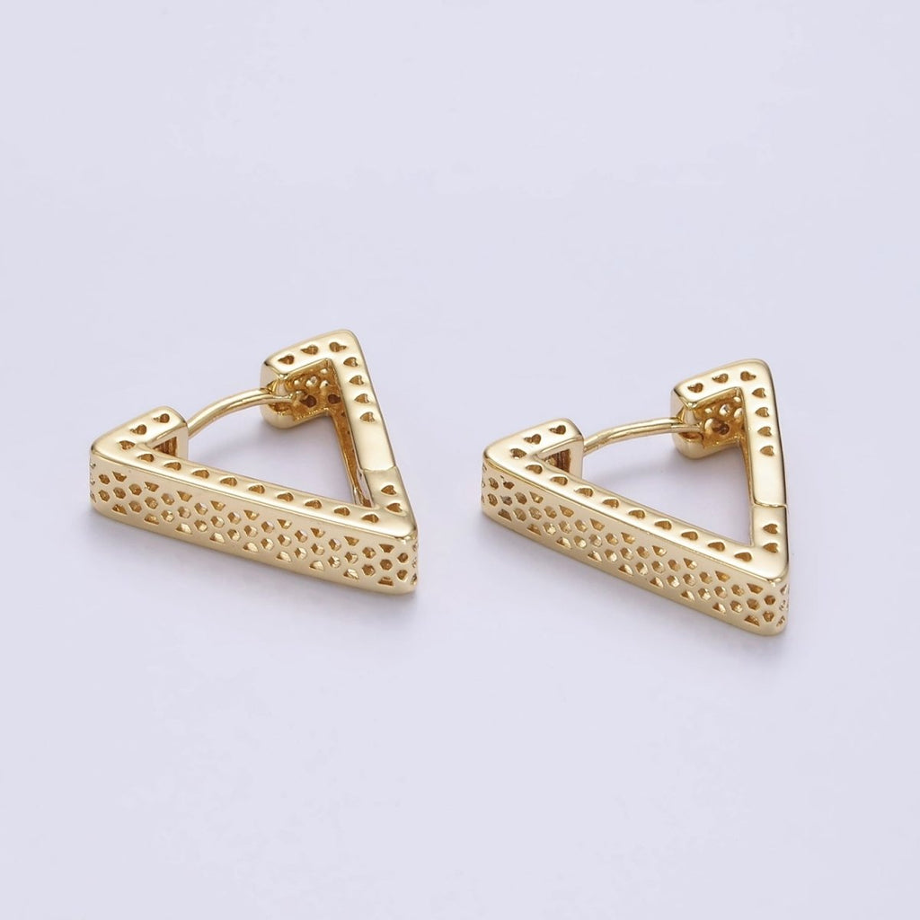 14K Gold plated 20mm Heart Hexagonal Filigree Triangle Hoop Earrings | AE721 - DLUXCA