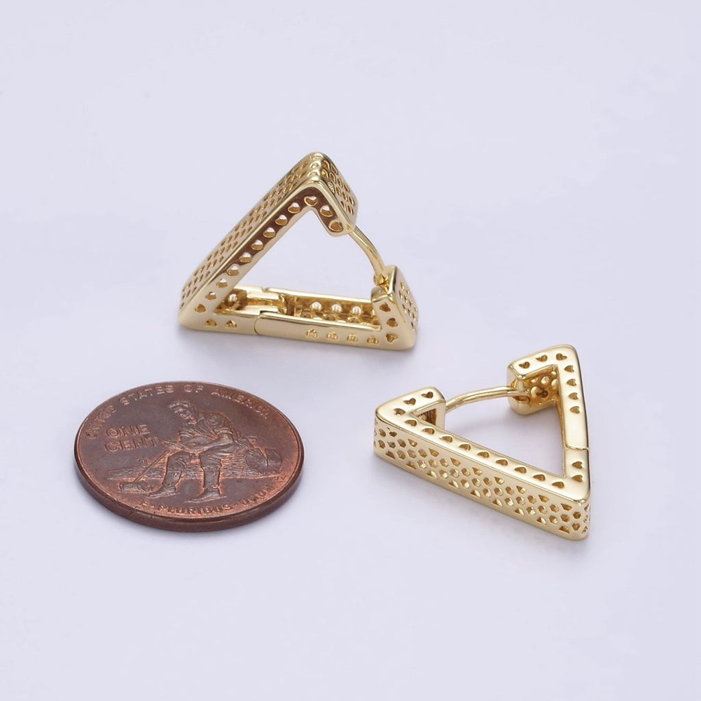 14K Gold plated 20mm Heart Hexagonal Filigree Triangle Hoop Earrings | AE721 - DLUXCA