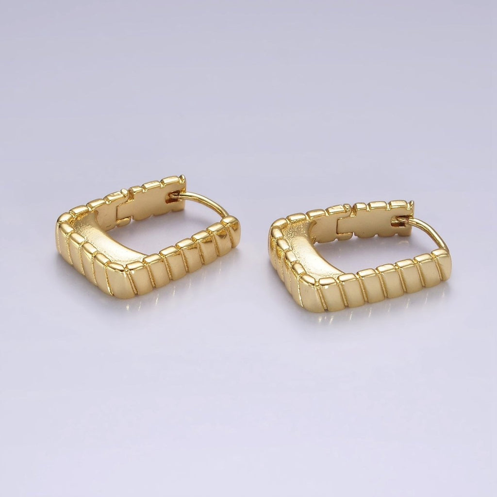 14K Gold plated 20mm Line-Textured Rectangular Minimalist Huggie Earrings | AE919 - DLUXCA