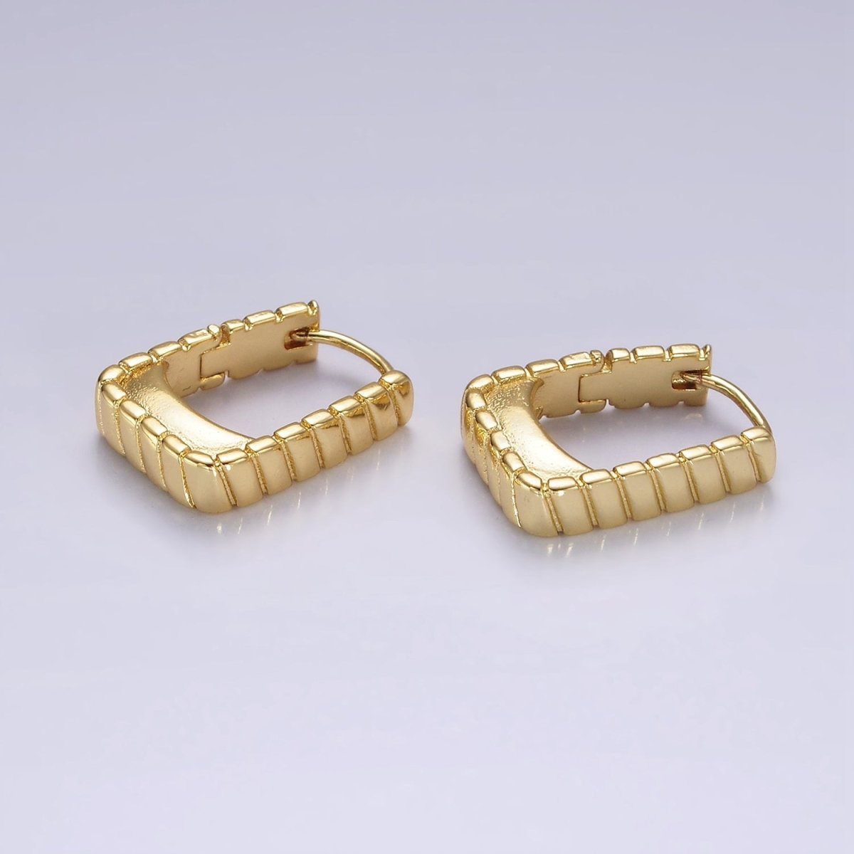 14K Gold plated 20mm Line-Textured Rectangular Minimalist Huggie Earrings | AE919 - DLUXCA