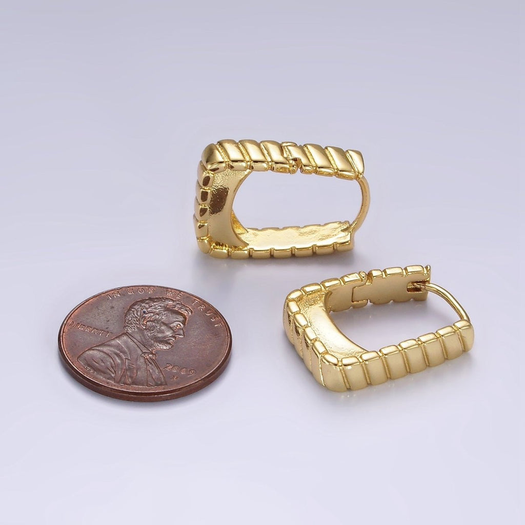 14K Gold plated 20mm Line-Textured Rectangular Minimalist Huggie Earrings | AE919 - DLUXCA