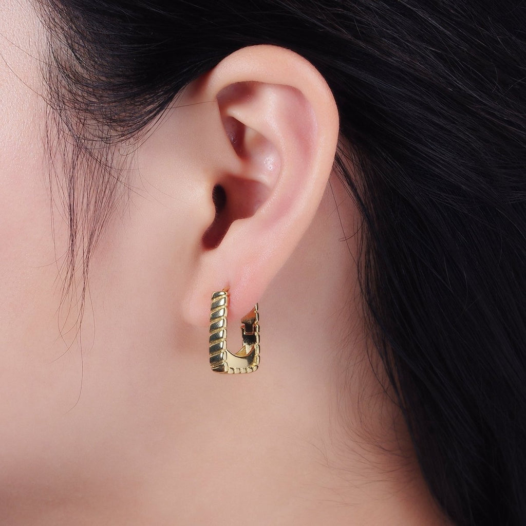14K Gold plated 20mm Line-Textured Rectangular Minimalist Huggie Earrings | AE919 - DLUXCA