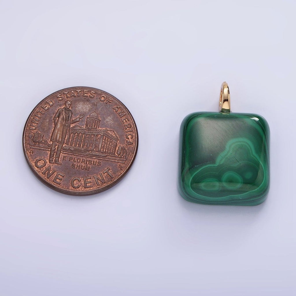 14K Gold plated 20mm Malachite Gemstone Square Drop Charm | AG682 - DLUXCA