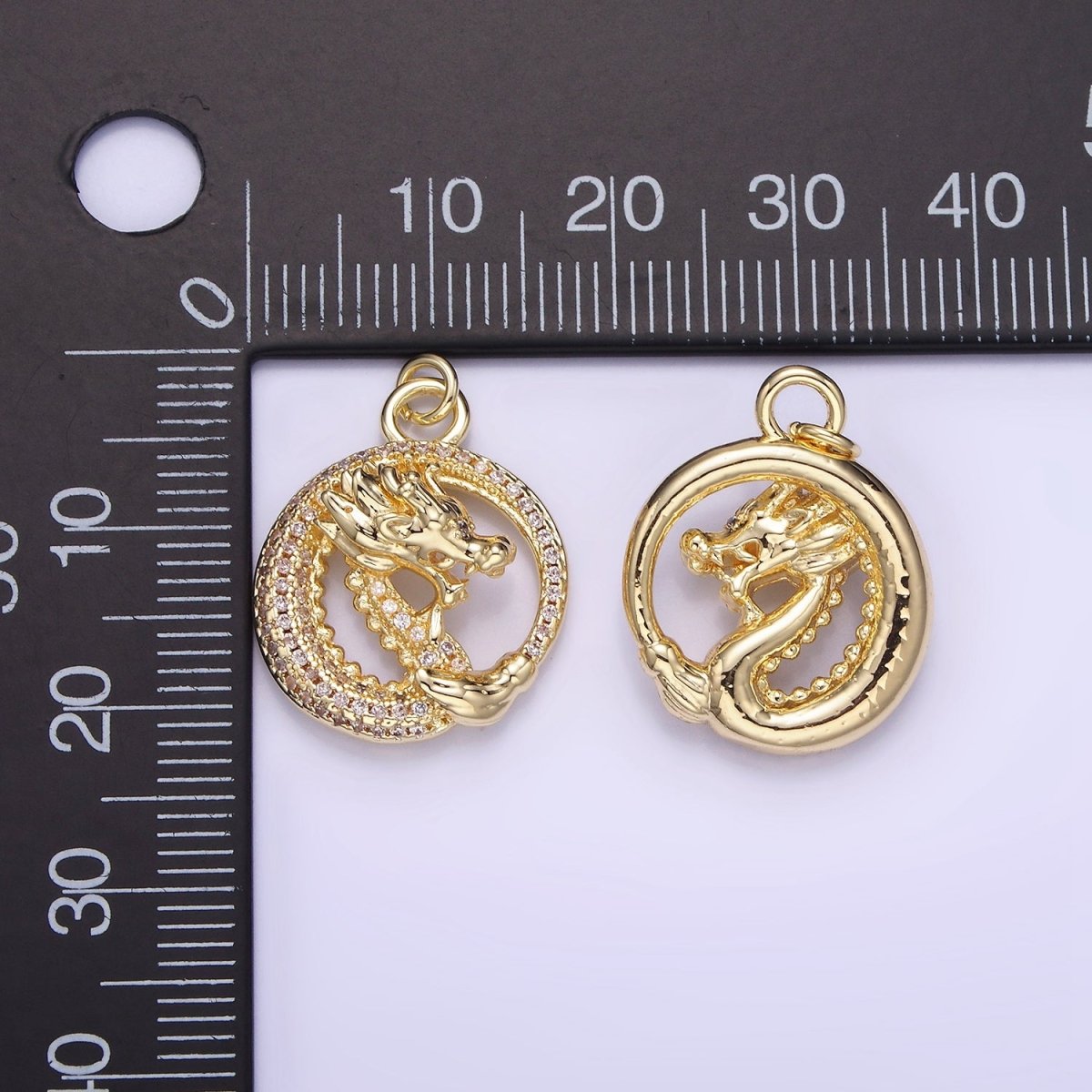 14K Gold plated 20mm Micro Paved CZ Open Dragon Round Charm | AG716 - DLUXCA