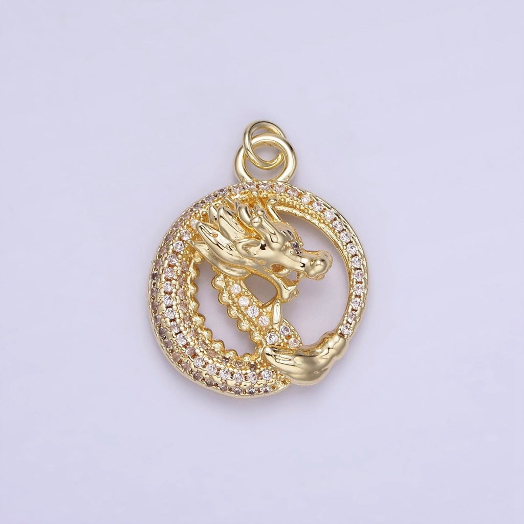 14K Gold plated 20mm Micro Paved CZ Open Dragon Round Charm | AG716 - DLUXCA