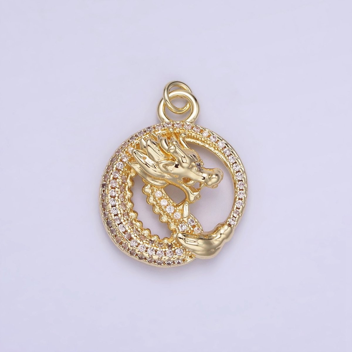 14K Gold plated 20mm Micro Paved CZ Open Dragon Round Charm | AG716 - DLUXCA