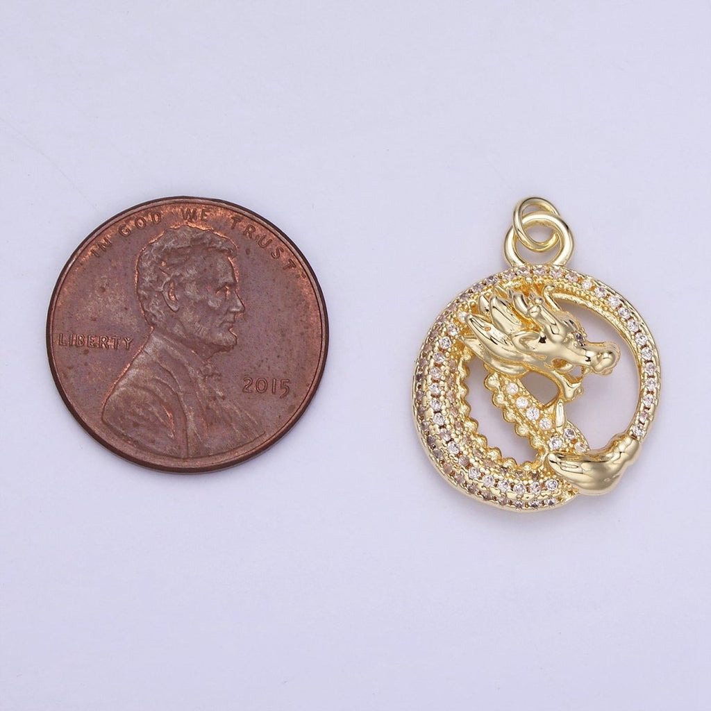 14K Gold plated 20mm Micro Paved CZ Open Dragon Round Charm | AG716 - DLUXCA