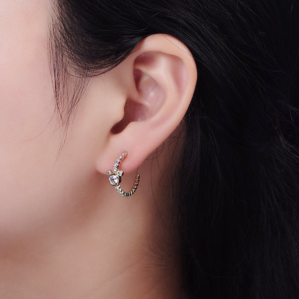 14K Gold plated 20mm Mouse Triple Clear CZ Micro Paved C-Shaped Hoop Earrings in Silver & Gold | V466 V467 - DLUXCA