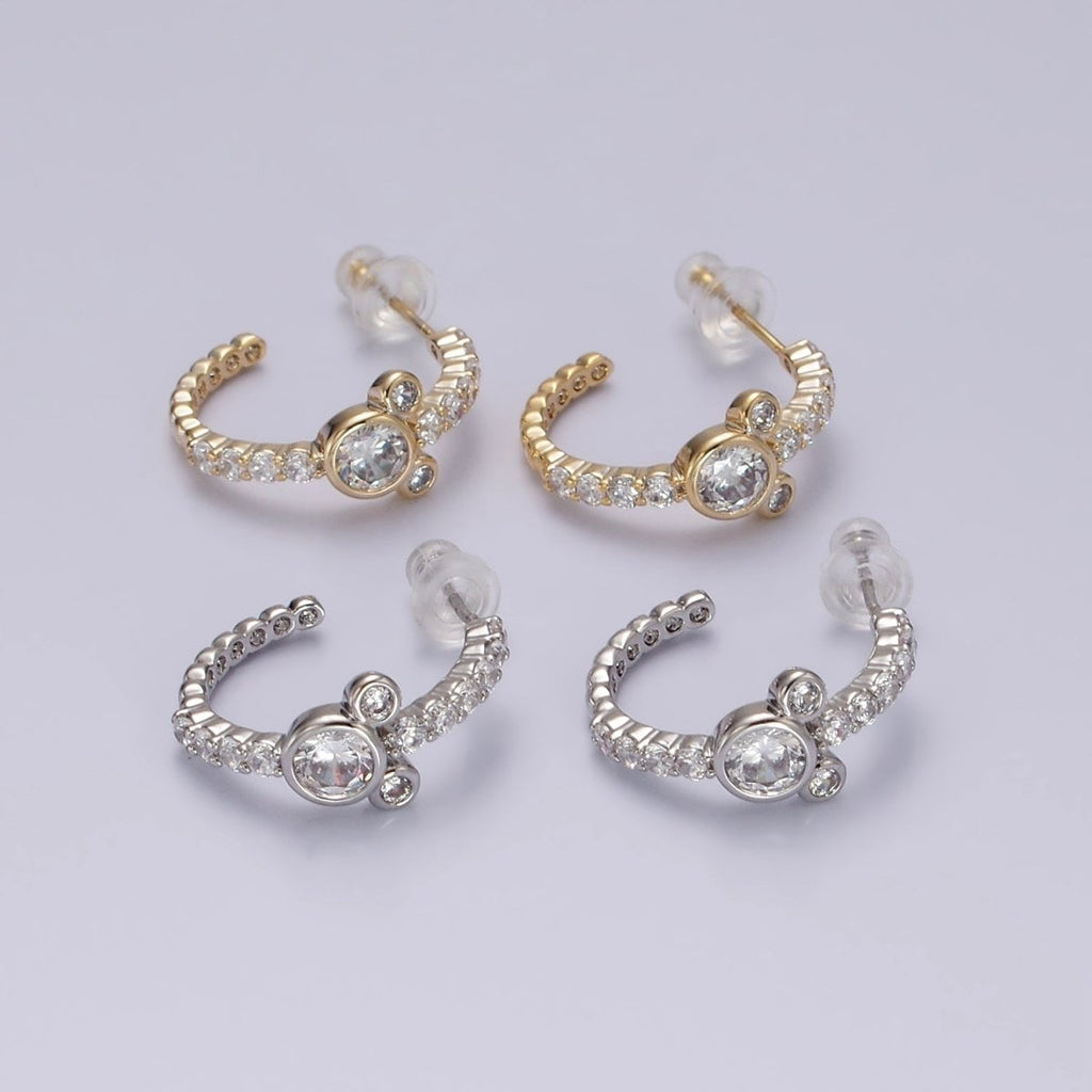 14K Gold plated 20mm Mouse Triple Clear CZ Micro Paved C-Shaped Hoop Earrings in Silver & Gold | V466 V467 - DLUXCA