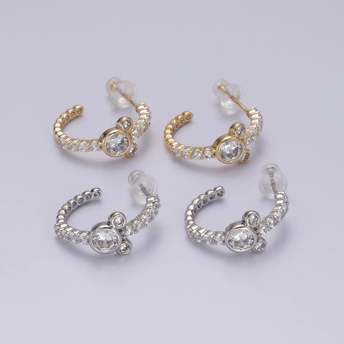 14K Gold plated 20mm Mouse Triple Clear CZ Micro Paved C-Shaped Hoop Earrings in Silver & Gold | V466 V467 - DLUXCA