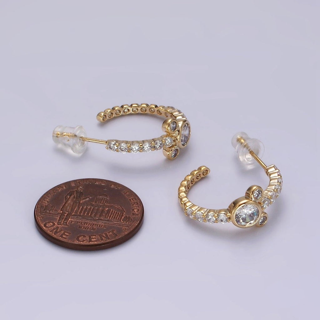14K Gold plated 20mm Mouse Triple Clear CZ Micro Paved C-Shaped Hoop Earrings in Silver & Gold | V466 V467 - DLUXCA