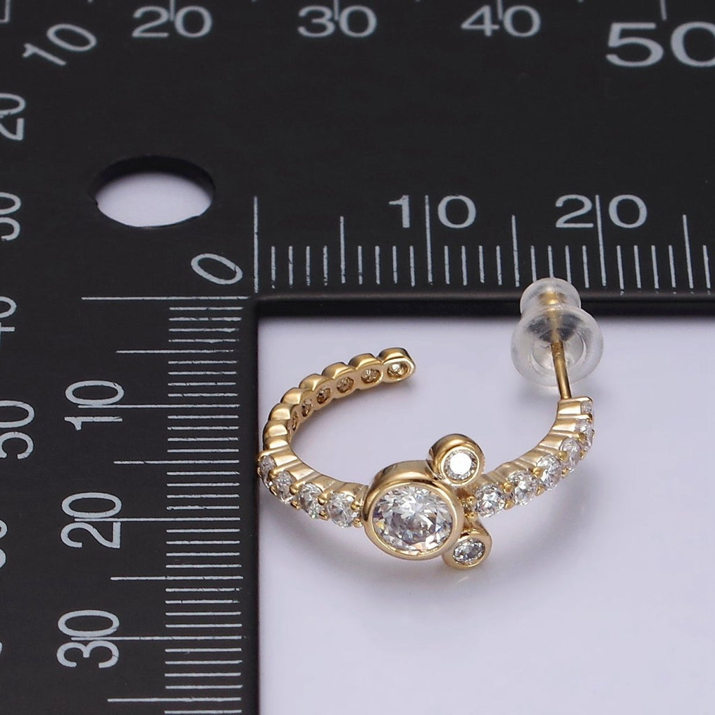 14K Gold plated 20mm Mouse Triple Clear CZ Micro Paved C-Shaped Hoop Earrings in Silver & Gold | V466 V467 - DLUXCA