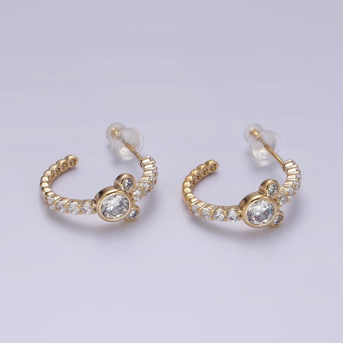 14K Gold plated 20mm Mouse Triple Clear CZ Micro Paved C-Shaped Hoop Earrings in Silver & Gold | V466 V467 - DLUXCA