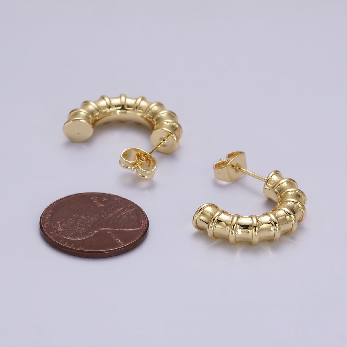 14K Gold plated 20mm Multiple Lined Minimalist C-Shaped Hoop Earrings | AE172 - DLUXCA