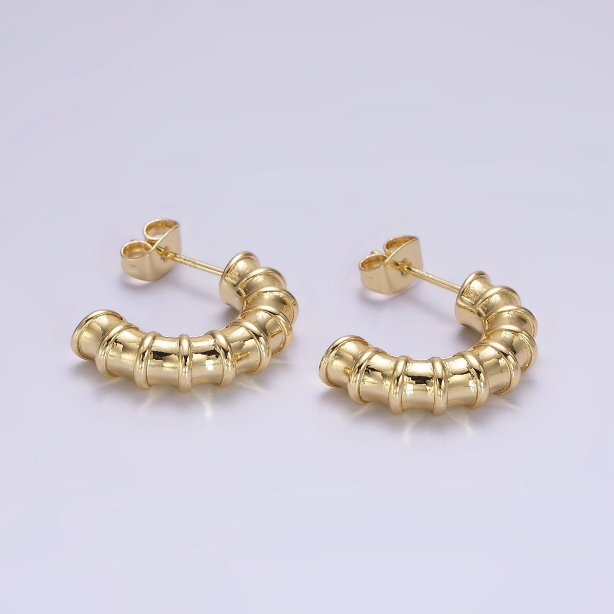 14K Gold plated 20mm Multiple Lined Minimalist C-Shaped Hoop Earrings | AE172 - DLUXCA