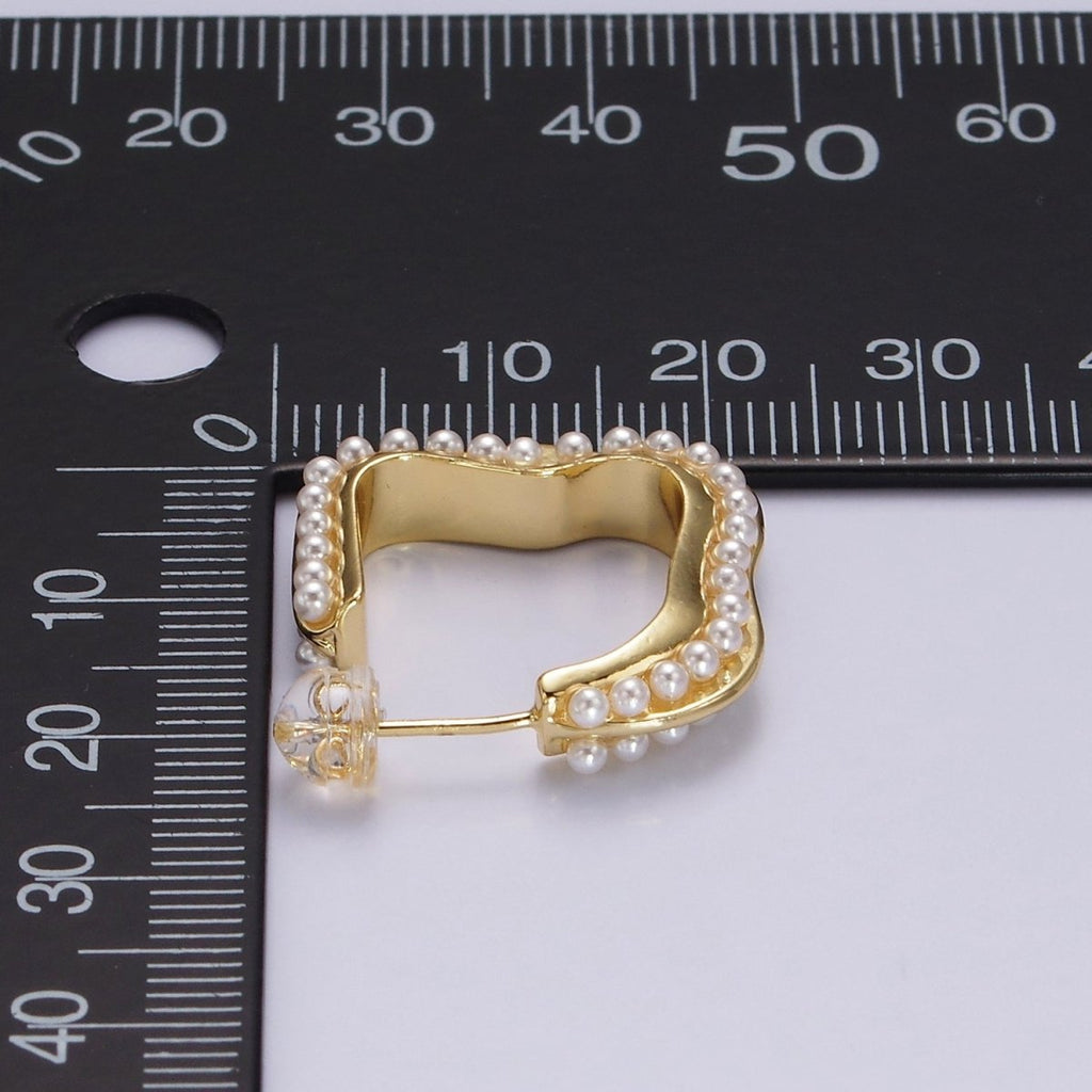 14K Gold plated 20mm Pearl Lined Boxy J-Shaped Hoop Earrings in Silver & Gold | AE241 AE242