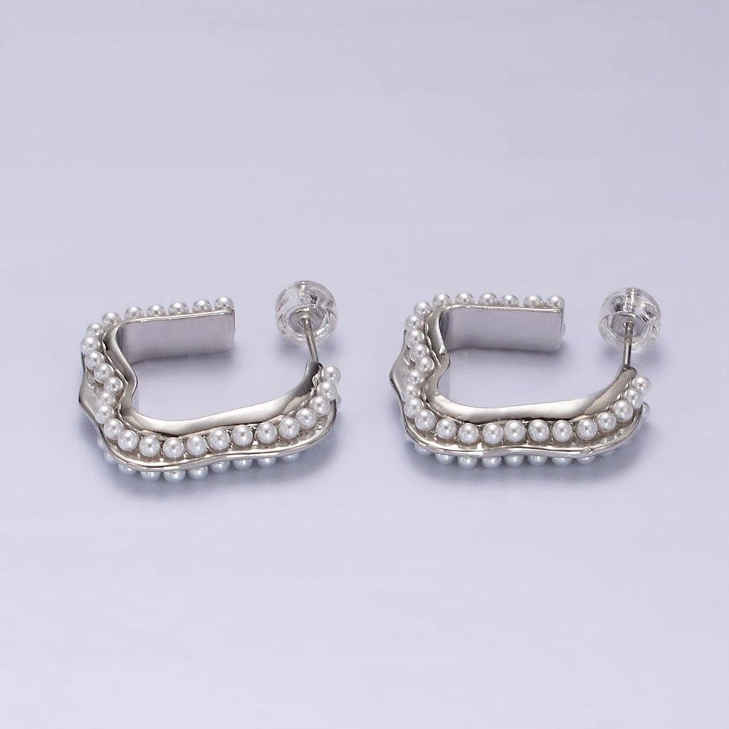 14K Gold plated 20mm Pearl Lined Boxy J-Shaped Hoop Earrings in Silver & Gold | AE241 AE242