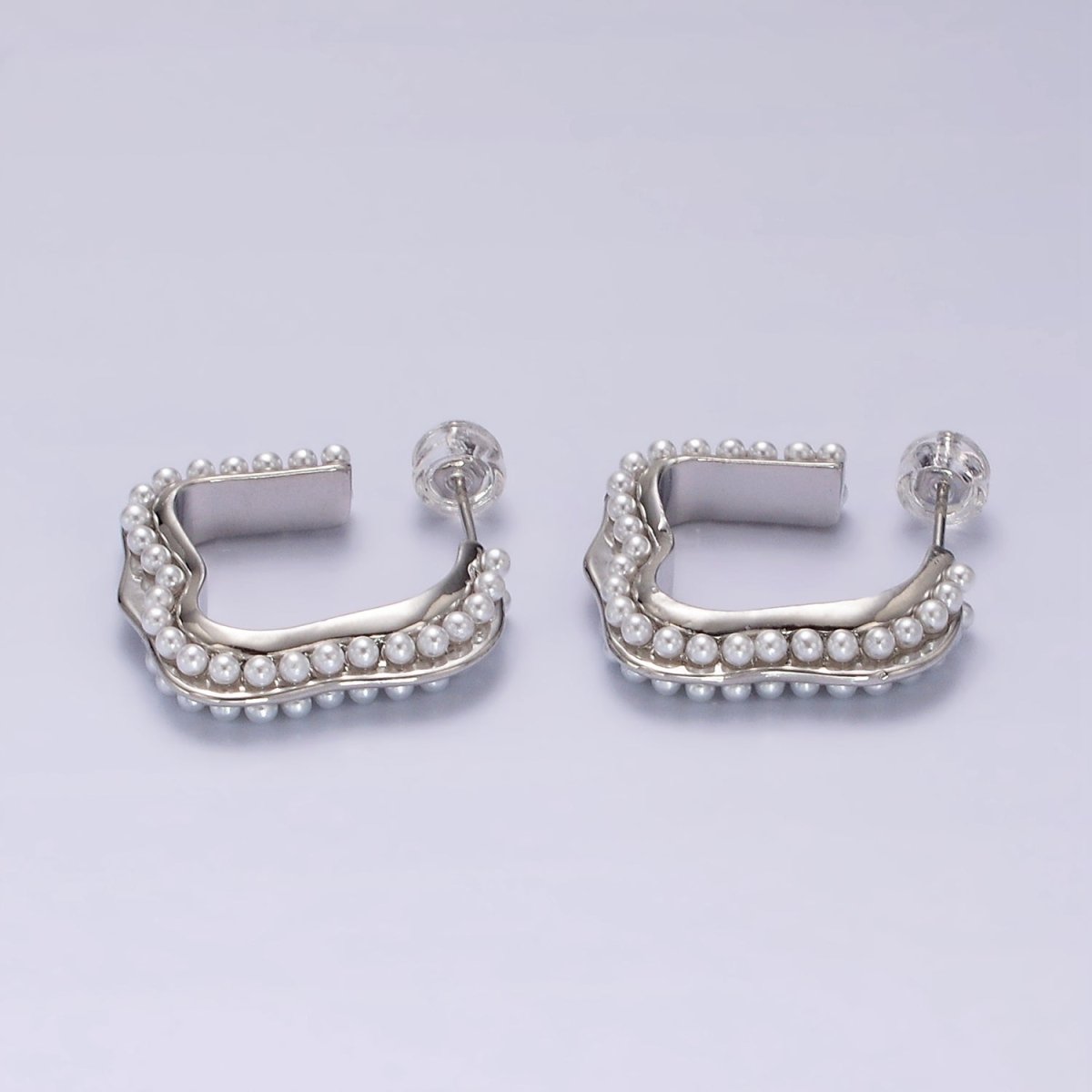 14K Gold plated 20mm Pearl Lined Boxy J-Shaped Hoop Earrings in Silver & Gold | AE241 AE242
