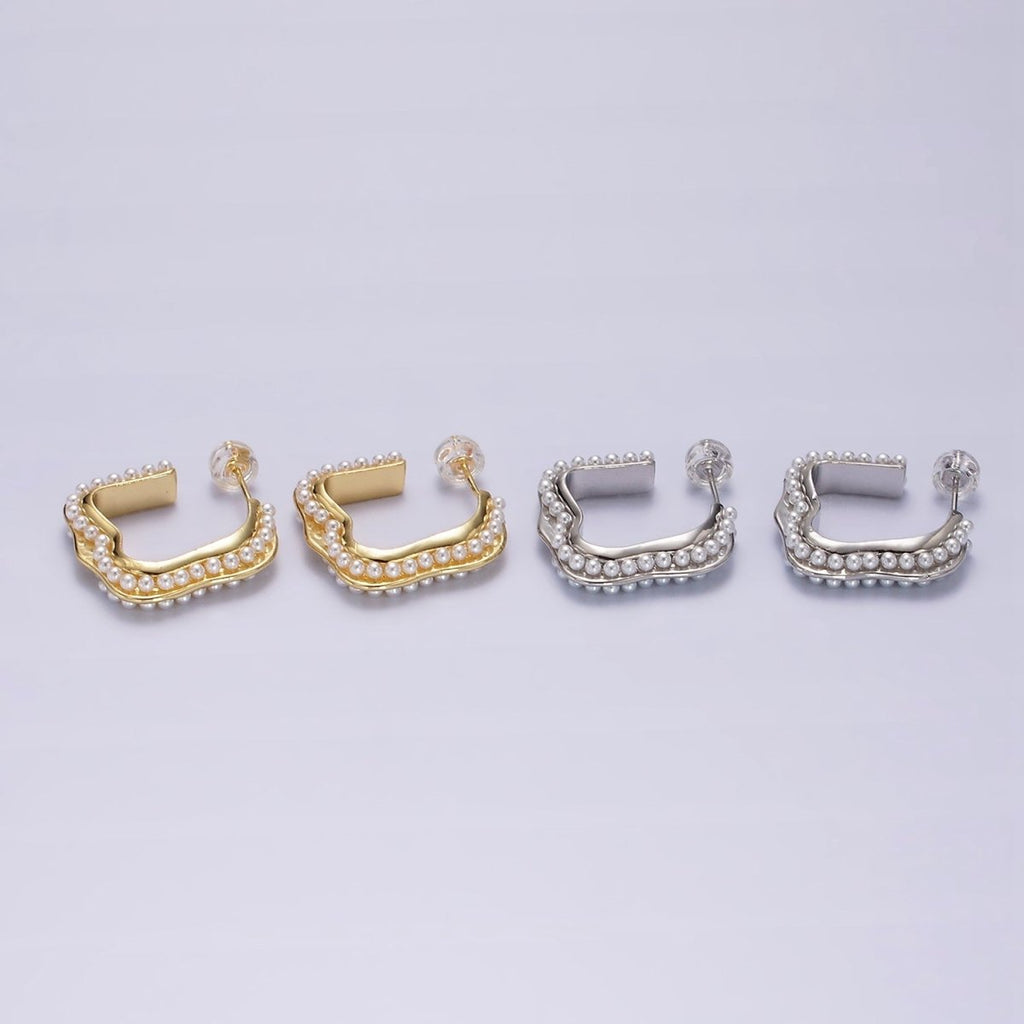 14K Gold plated 20mm Pearl Lined Boxy J-Shaped Hoop Earrings in Silver & Gold | AE241 AE242