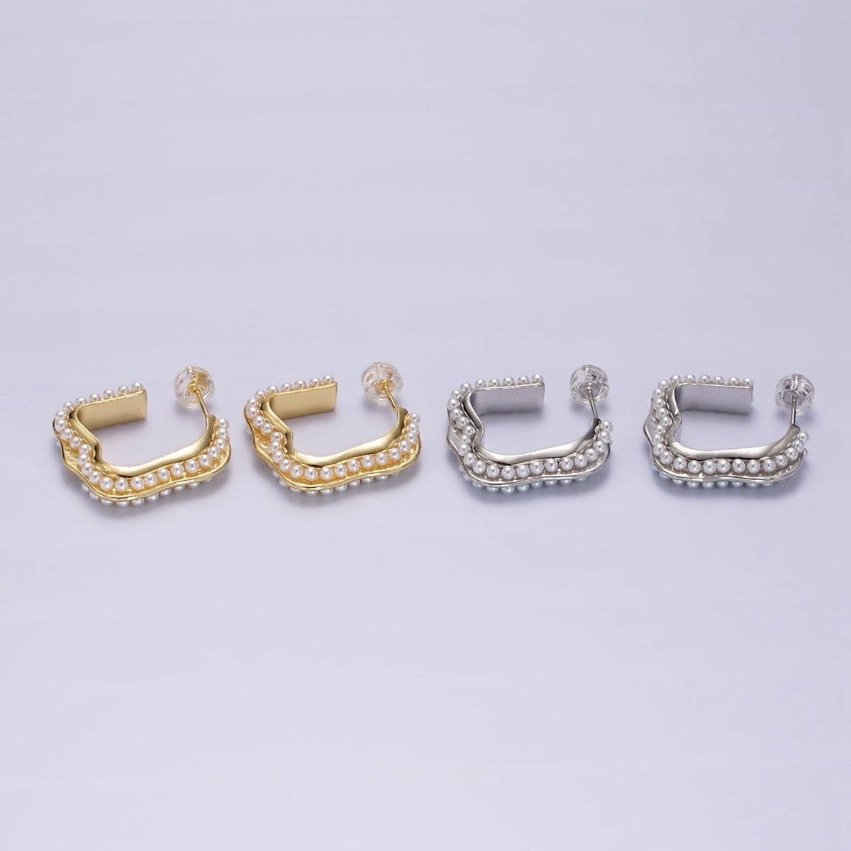 14K Gold plated 20mm Pearl Lined Boxy J-Shaped Hoop Earrings in Silver & Gold | AE241 AE242