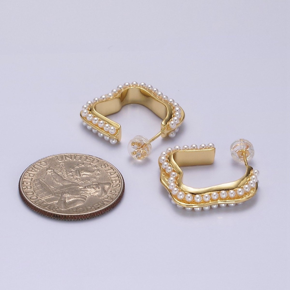 14K Gold plated 20mm Pearl Lined Boxy J-Shaped Hoop Earrings in Silver & Gold | AE241 AE242