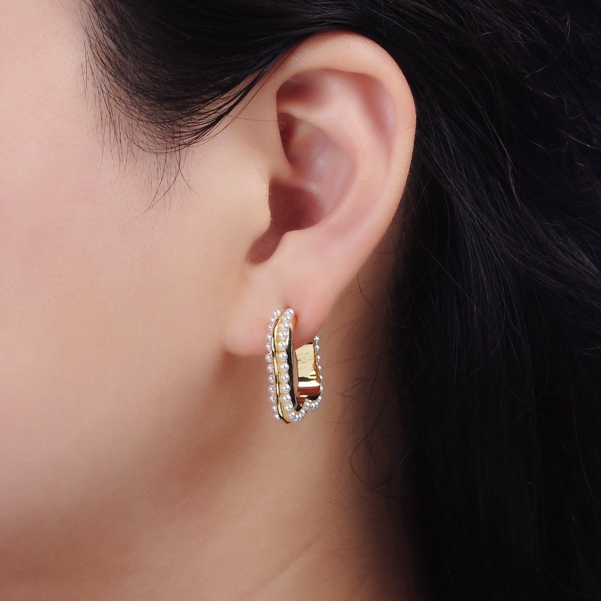 14K Gold plated 20mm Pearl Lined Boxy J-Shaped Hoop Earrings in Silver & Gold | AE241 AE242