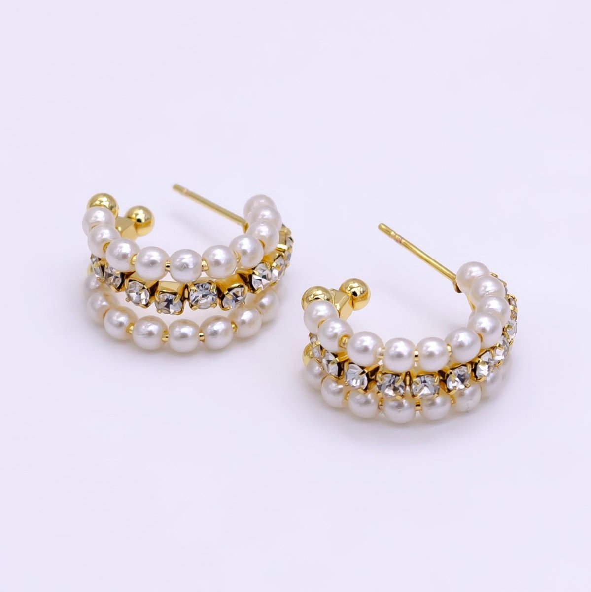 14K Gold plated 20mm Pearl Tennis C-Shaped Hoop Earrings | P516 - DLUXCA