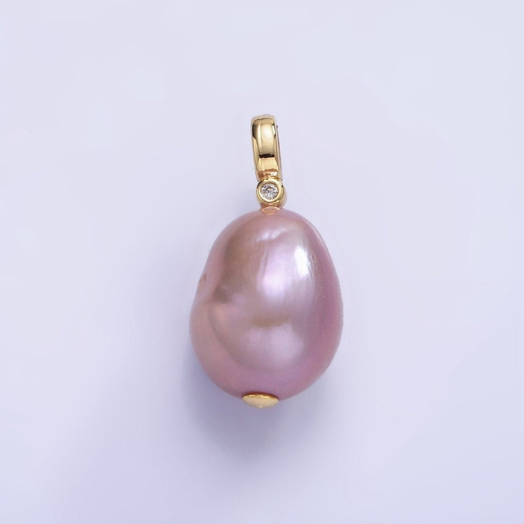 14K Gold plated 20mm Purple Baroque Freshwater Pearl CZ Bezel Bail Pendant | P1692 - DLUXCA