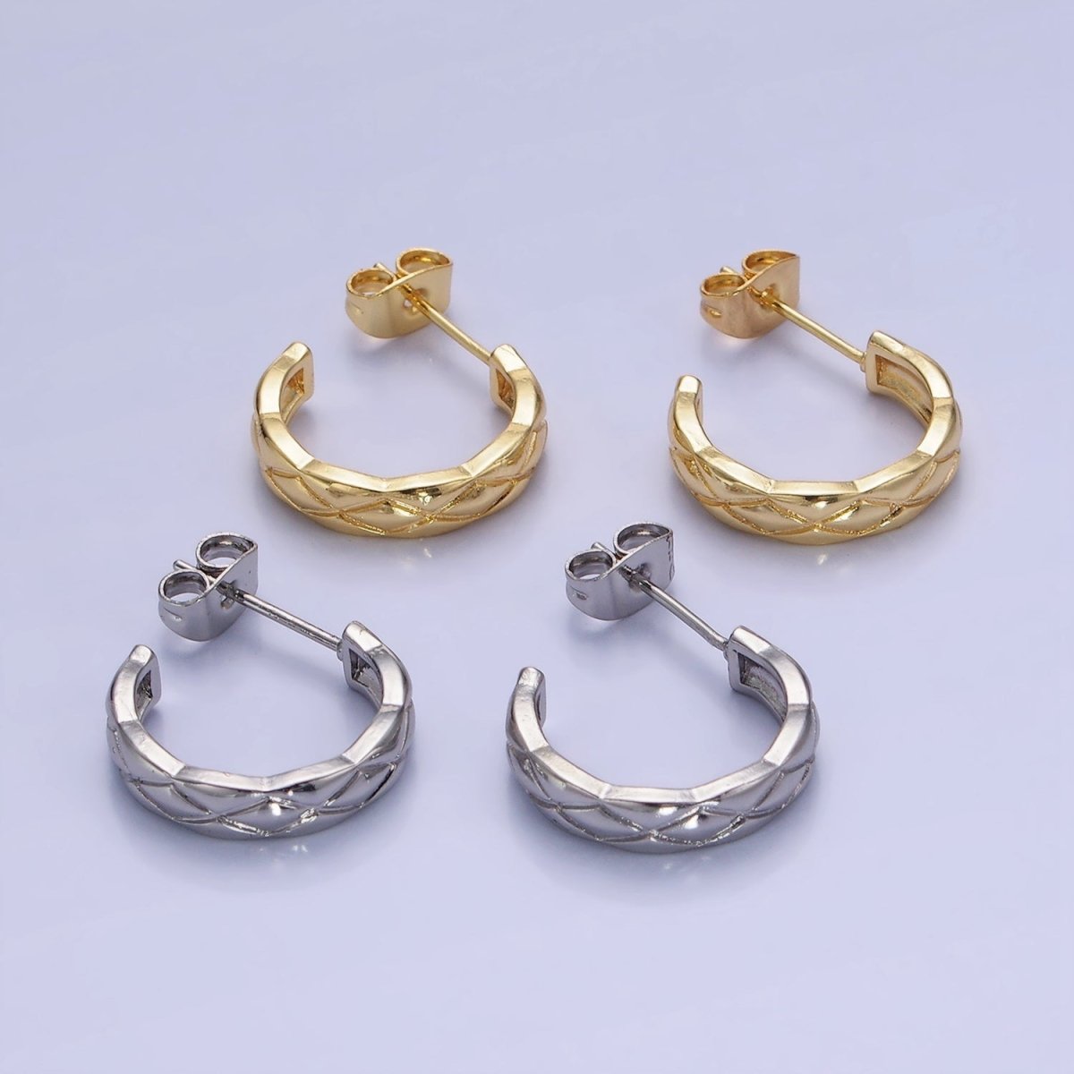 14K Gold plated 20mm Quilted C-Shaped Hoop Earrings in Gold & Silver | AB1334 AB1335