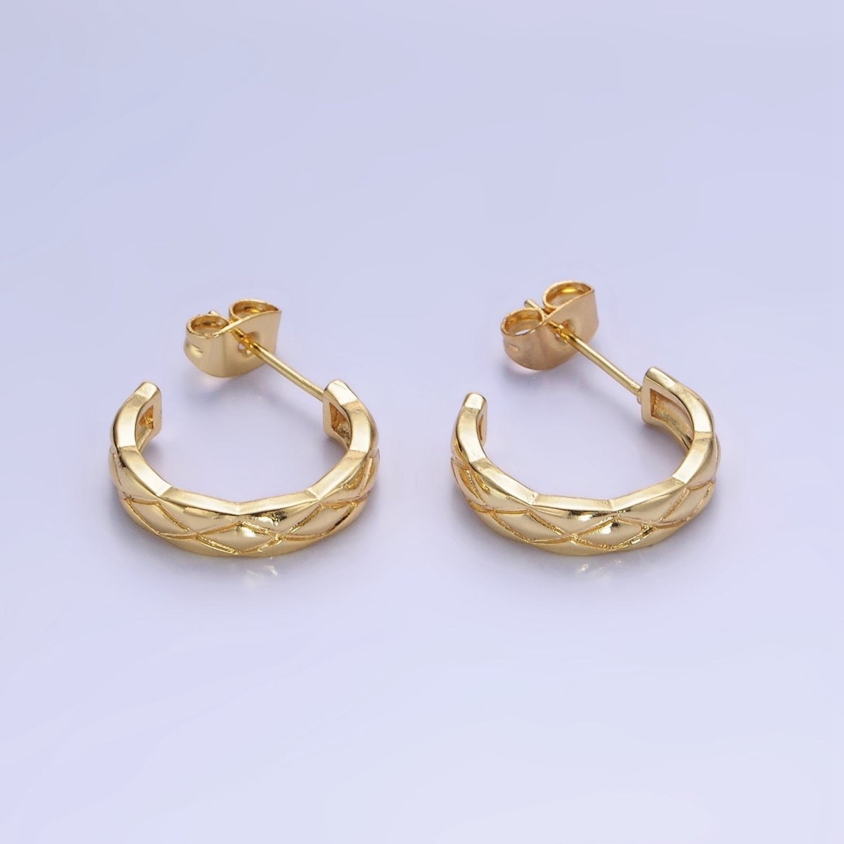 14K Gold plated 20mm Quilted C-Shaped Hoop Earrings in Gold & Silver | AB1334 AB1335
