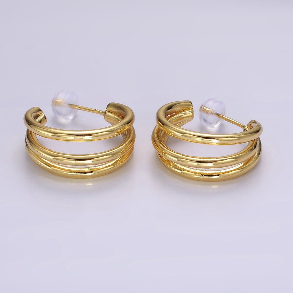 14K Gold plated 20mm Triple Band Claw C-Shaped Hoop Earrings | AE382 - DLUXCA