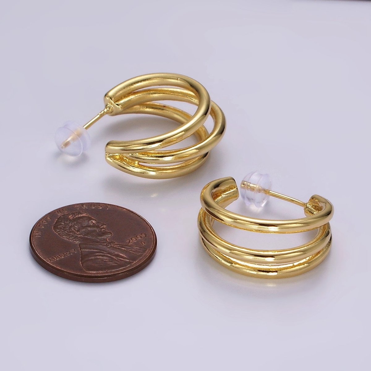 14K Gold plated 20mm Triple Band Claw C-Shaped Hoop Earrings | AE382 - DLUXCA