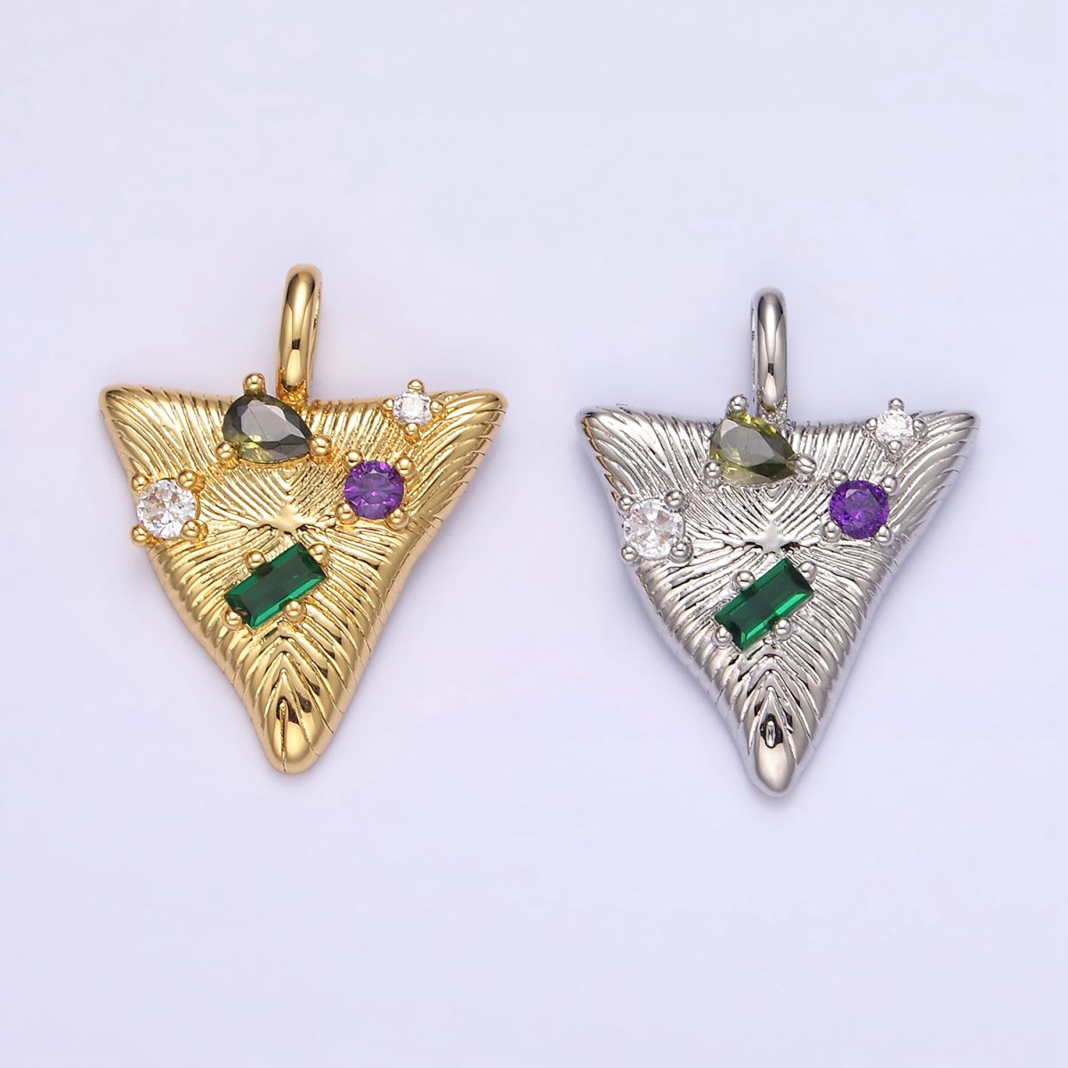 14K Gold plated 21.5mm Multicolor CZ Line-Textured Abstract Triangle Pendant in Gold & Silver | AA737 AA738