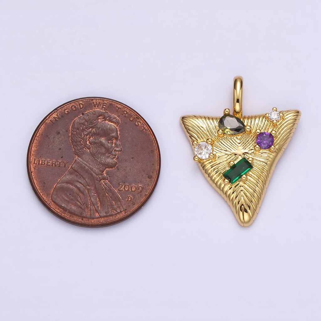 14K Gold plated 21.5mm Multicolor CZ Line-Textured Abstract Triangle Pendant in Gold & Silver | AA737 AA738