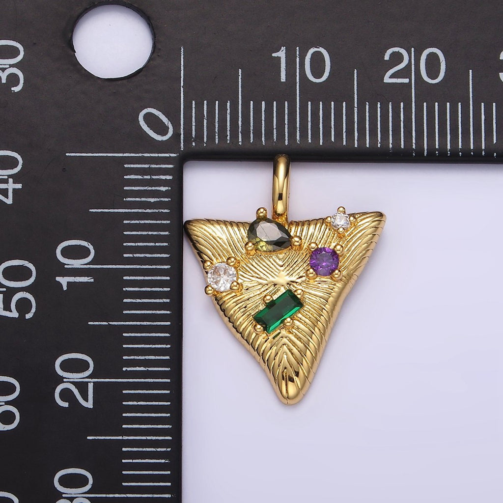 14K Gold plated 21.5mm Multicolor CZ Line-Textured Abstract Triangle Pendant in Gold & Silver | AA737 AA738