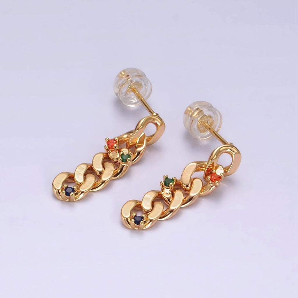 14K Gold plated 21mm Multicolor CZ Curb Chain Link Drop Stud Earrings | AE909 - DLUXCA